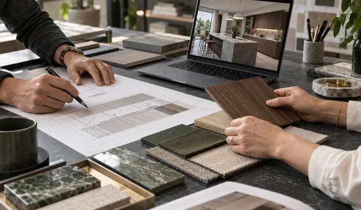 Designers reviewing cabinetry drawings and material samples